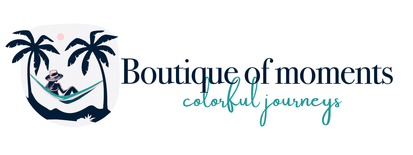 Logo for 'Boutique of moments colorful journeys' with palm trees and a hammock on a white background.