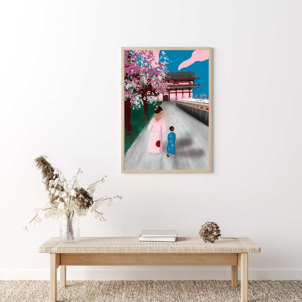 Illustration artistique représentant une femme et une enfant en kimono marchant sur une allée bordée de cerisiers en fleurs, en direction d'un temple japonais traditionnel. Des fleurs de cerisier décorent également les coins de l'image, créant une ambiance printanière et sereine. Appartient à Boutique de Moments.
